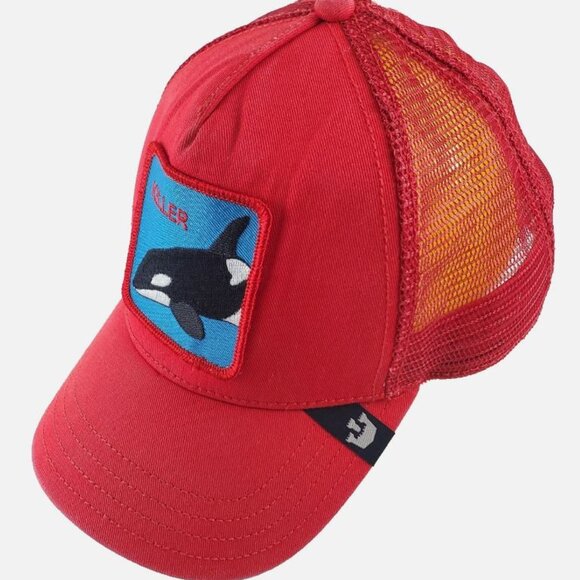 Goorin Bros The Farm Killer Whale Trucker Hat Cap RED Mesh Blue Patch Snapback - Picture 1 of 7